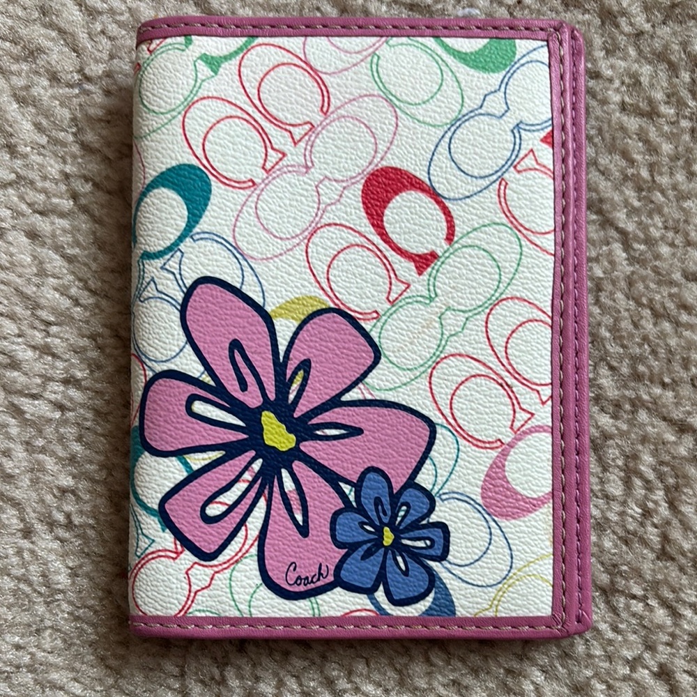 AUTHENTIC Coach Pink and Blue Floral Passport Wallet with Flower and “C” Accents